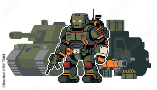 A soldier in futuristic armor standing with military vehicles and weapons.