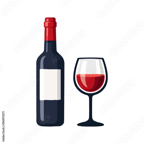 Wine Bottle and Glass Vector Illustration, Red Wine Drink Beverage Icon