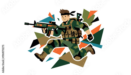 Soldier in combat gear running with rifle.