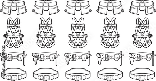 A compilation of work tool: Safety harness, tool belt and work belt. A clear and concise overhead shot showcasing a variety of tools, emphasizing their design and structure.