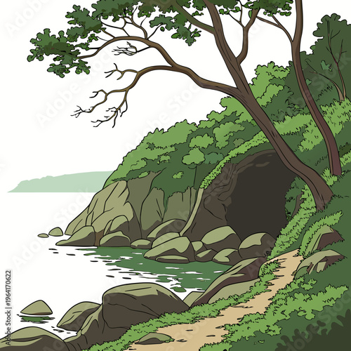 Illustration of a serene coastal landscape with a treelined rocky shoreline and a winding dirt path