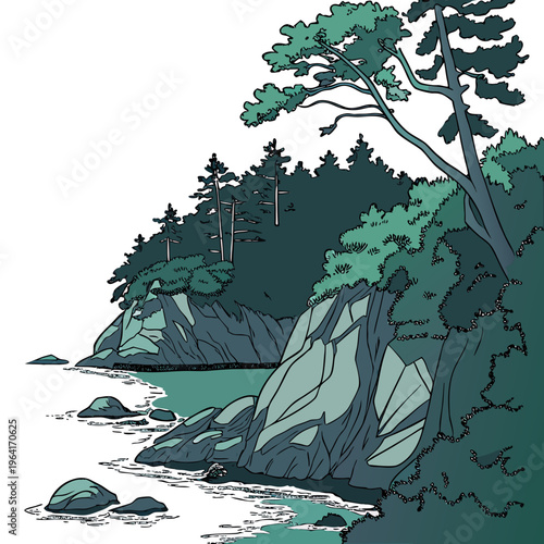 Illustration of a rocky coastline with trees on a cliffside