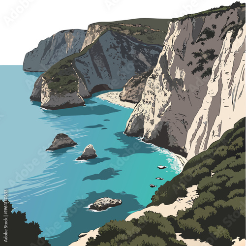 Illustration of a scenic cliffside coastline with turquoise water and boats