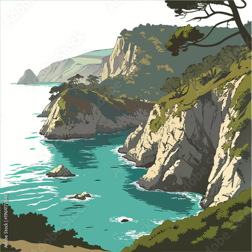 A scenic coastal landscape with cliffs, trees, and turquoise water on a sunny day in a natural setting with rocky shores