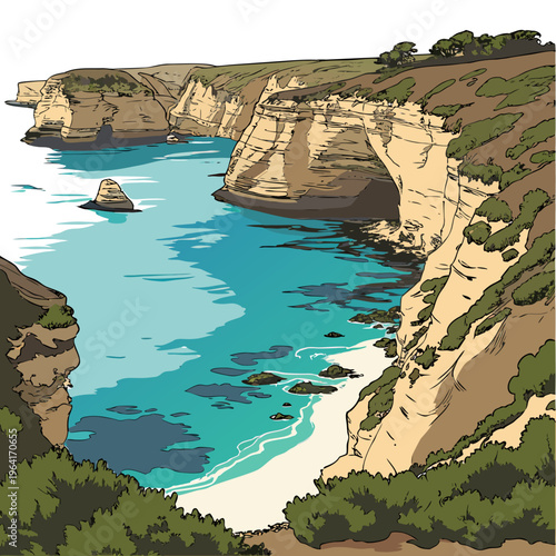 Illustration of a scenic coastline with cliffs, blue water, and greenery, showcasing a natural landscape with sandy beaches and rocky shores