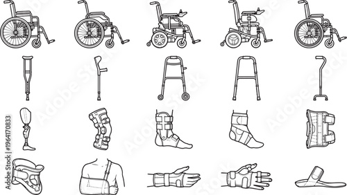 Wheelchairs, crutches, and braces: an illustrated collection of mobility and support equipment, rendered in a simple, clinical, black-and-white style.