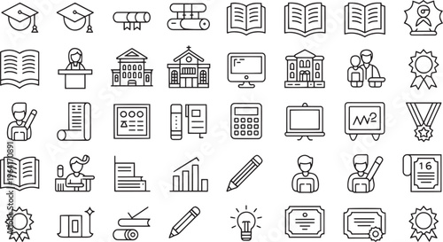 Collection of education and graduation related icons representing learning and academic achievements on a white background