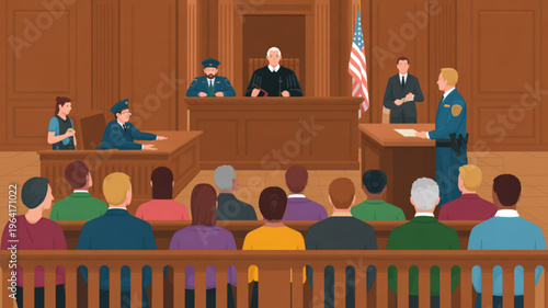 Courtroom scene with judge lawyers and police officer standing addressing the court with spectators seated