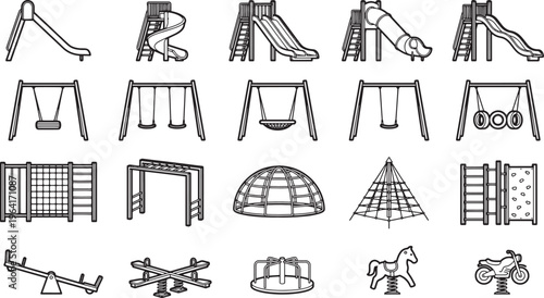 Playground Equipment: A black and white vector illustration of various playground equipment, perfect for educational resources, design projects, and recreational themes.