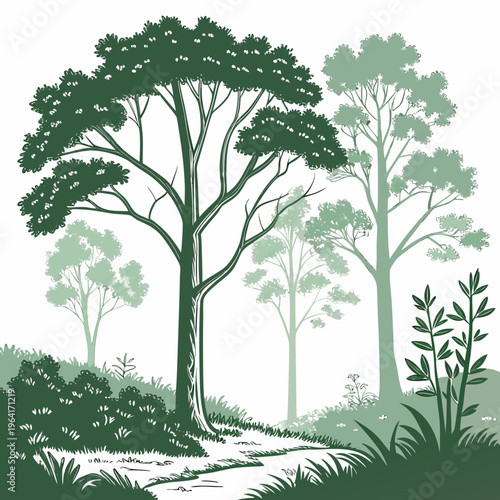 Vector illustration of trees and foliage in various shades of green