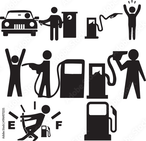 A vector illustration set of black transportation icons and business people stick figure pictograms featuring a car, worker silhouette, and medical sign symbols.