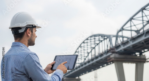 Male engineer wearing white hard hat looking at digital tablet with construction blueprints in front of massive steel bridge structure outdoors on.