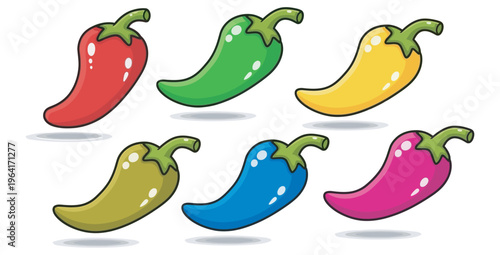 Collection of six vibrantly colored cartoon chili peppers floating against a white background representing spicy flavor variety and seasoning icons