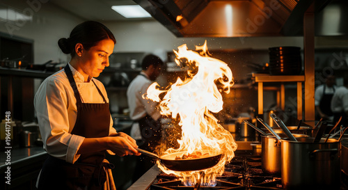 Young woman chef in professional kitchen tossing food in pan with large bright flame during evening shift at luxury restaurant with team in back.
