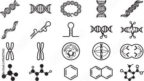 A detailed illustration features multiple DNA strands, molecules and genetic structures. The black and white graphic design provides a clear, precise view of essential concepts.