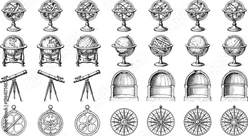 Collection of vintage astronomy instruments and devices. meticulously illustrated, a window into the past, sparking imagination and curiosity.