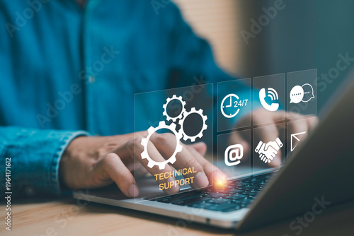 Technical support service concept with laptop and digital interface icons, represent customer service, online helpdesk assistance, communication channels, IT solutions and business support system