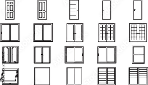 A comprehensive array of architectural doors and windows arranged in an organized display, showcasing a variety of designs and functionality. 