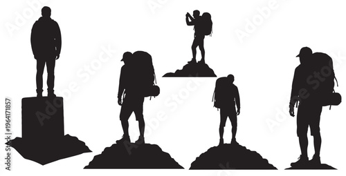 Collection of black silhouette figures representing hikers and travelers standing triumphantly atop various mountain peaks after successful outdoor adventures