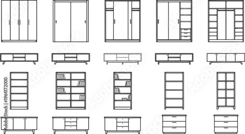 A collection of modern minimalist furniture arranged.