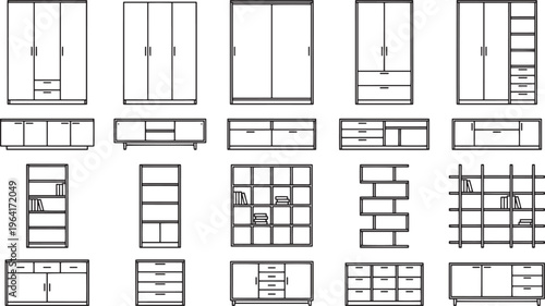 An assortment of modern, sleek, minimalistic furniture outline with clean lines, including wardrobes, drawers and shelving units, captured in a flat lay, providing a comprehensive design guide. 
