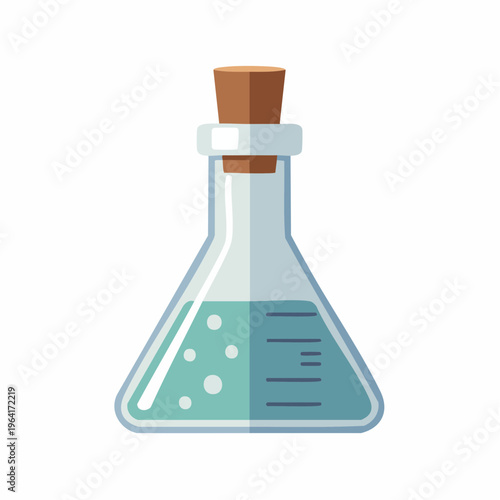 Cartoon illustration of a glass conical flask with green liquid and bu
