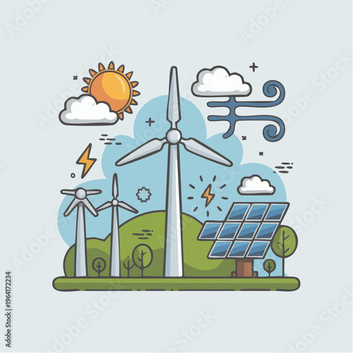 Renewable energy sources illustration with wind turbines solar panel