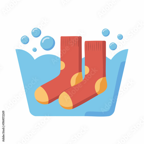 cartoon red socks in a blue washing basin with bubbles