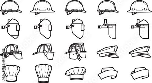 A collection of essential hats and headgear, symbolizing protection and profession, meticulously outlined in a minimalist aesthetic.