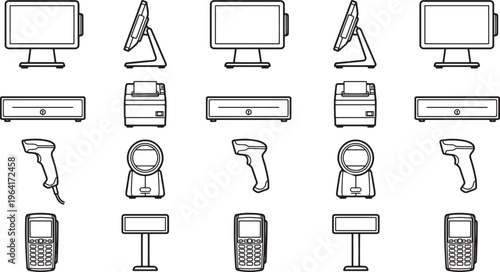 A collection of minimalist illustrations showcases various point-of-sale equipment in a clean, easily-digestible format.