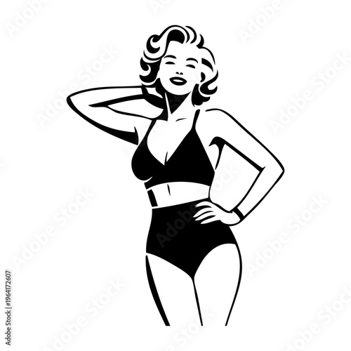 Logotipo con dibujo con líneas de una mujer con bikini y peinado de estilo retro, posando con una mano en la cabeza y la otra en la cadera 