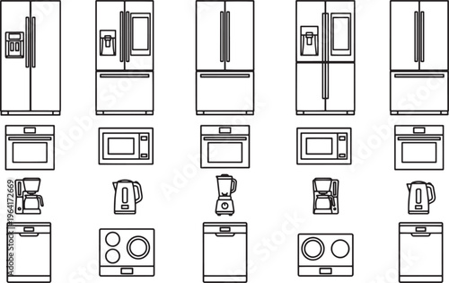 A modern home kitchen appliances arrangement that showcase a variety of designs for appliances.