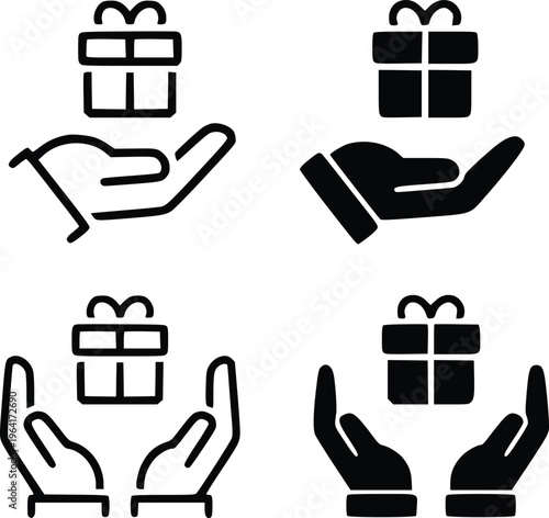 Gift in hand icons set. Hands holding gift box with ribbon icon. Surprise icon. New year, birthday and Christmas. Gift box with ribbon flat and line style - stock vector.
