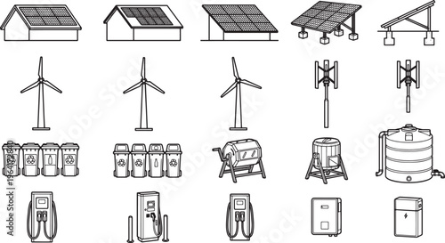 A collection of modern eco-friendly energy sources, including solar panels, wind turbines, and charging stations, illustrating a clean, sustainable future.