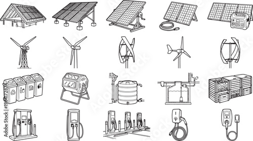 A comprehensive collection of eco-friendly technology with different illustration.