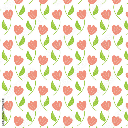 Cute, Simple pastel pink tulip flower continuous pattern for summer wallpaper, fabric design. 