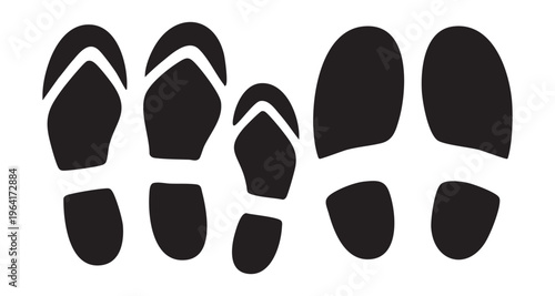 Variety of footprint and shoe imprint icons in black and white