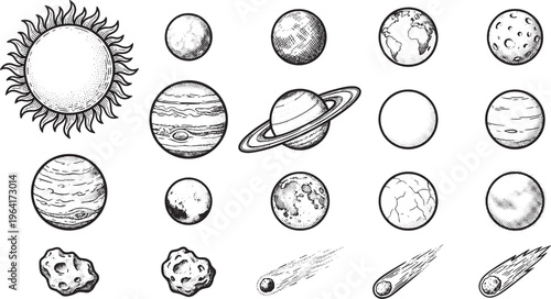 A vintage-styled illustration set of celestial bodies, including the sun, moon, planets, and meteor. This collection, rendered in an antique style, showcases the wonders of the cosmos. 