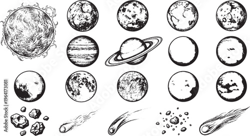 A cosmic collection of celestial bodies, detailed monochrome illustrations of the cosmos.