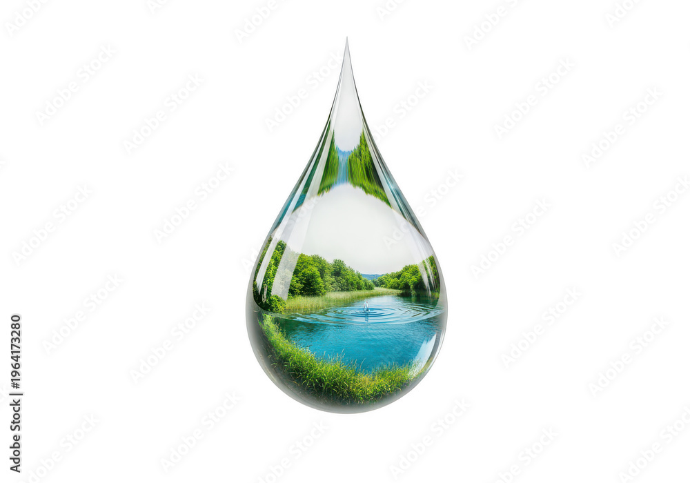 Obraz premium A water droplet showcasing a miniature globe with land and water isolated on transparent background