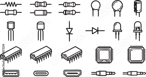 An array of meticulously drawn electronic components and circuits. These icons are ideal for illustrating technological concepts.