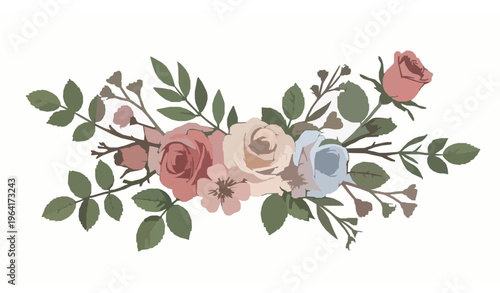 Roses and flowers vector set with branches and leaves floral arrangement illustration isolated on white