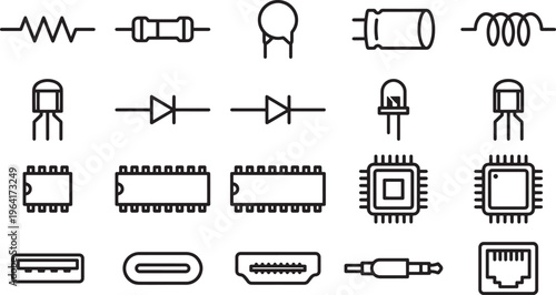 A comprehensive set of minimalist circuit elements, offering a crisp, clear representation of essential electronic components, perfectly suited for tech-related projects.