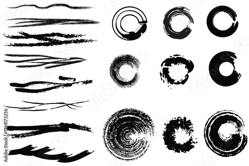 A collection of abstract black ink brushstrokes and circular patterns on a white background