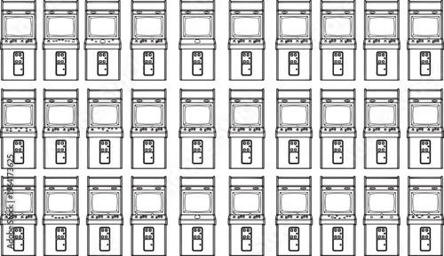 A grid of retro arcade game machines, pattern of classic gaming. 