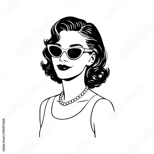 Logotipo boutique de moda. Dibujo con líneas de la cabeza de una mujer con peinado, gafas de sol, collar de perlas y ropa estilo vintage 