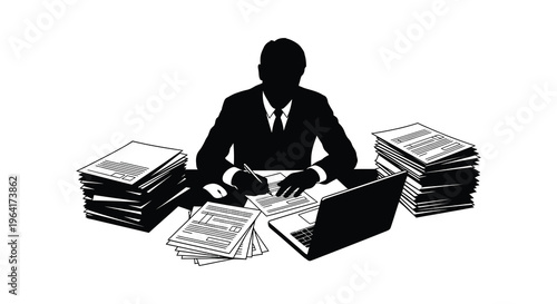 Business professional working diligently at a desk black silhouette