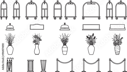 Hotel service equipment, from luggage cart to flower vase, presented in a collection of sleek black line art. Clean and simple design perfect for representing hospitality and service themes.