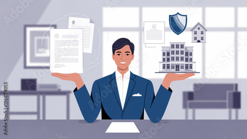 Businessman balancing documents and house with shield representing property insurance and financial security in a modern office