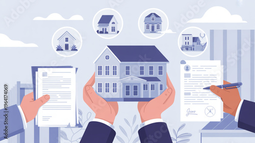 Businessman holding a house model and documents for real estate investment and property management